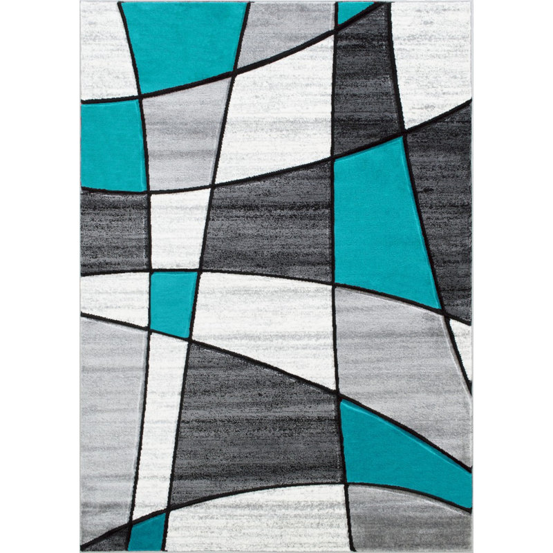 Tapis géométrique turquoise/gris Aftan, Rectangle de 7 pi x 10 pi 5 po