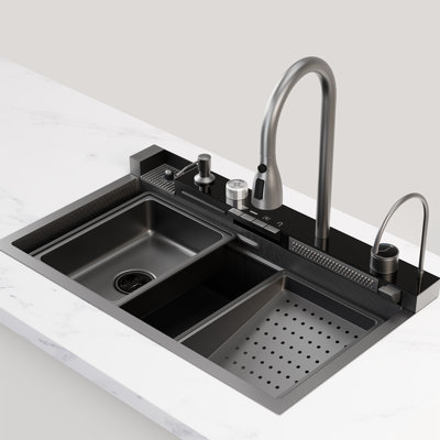 Ensemble d'évier de cuisine 3 stations de travail 3 x 3 pouces avec affichage numérique de la température et robinet cascade 3Starz