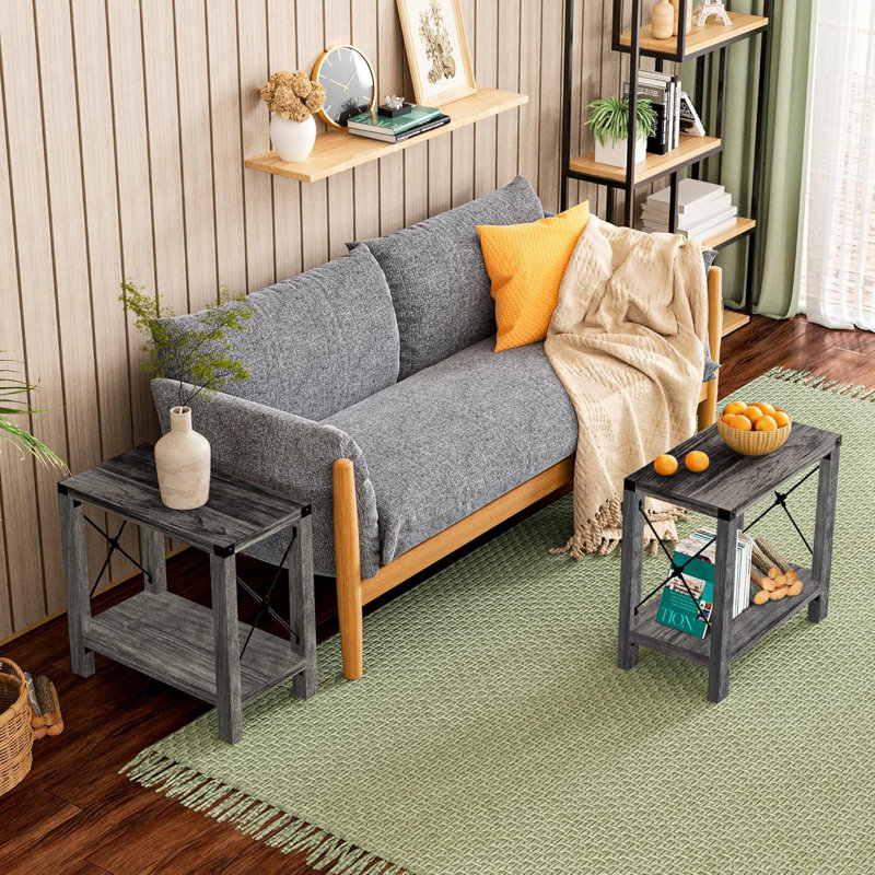 Gray Rustic X-Design MDF End Table Set with Storage Shelf