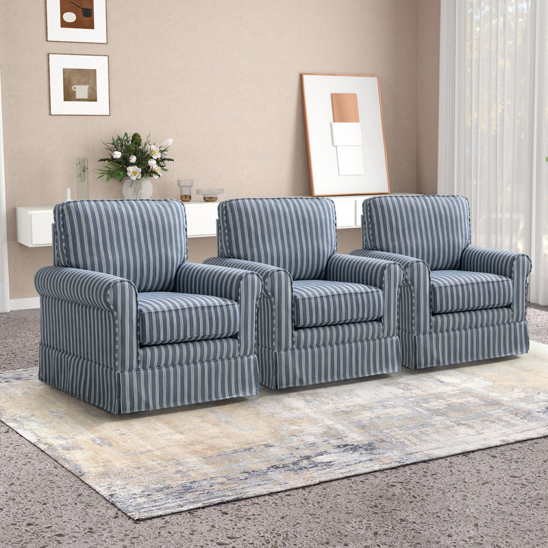 Fauteuil d'appoint avec accoudoirs arrondis et rembourrés à dossier souple de 33 po de largeur (ensemble de 3), Lin bleu