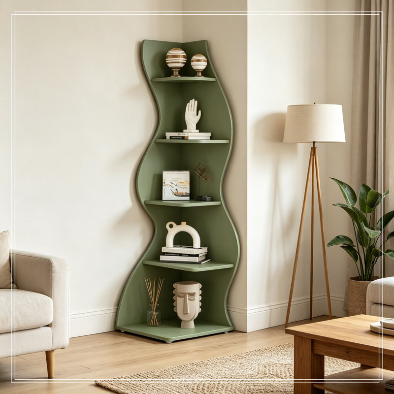 Bibliothèque murale à 5 niveaux avec tablettes de rangement, Vert sauge