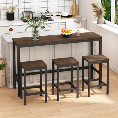 Table de salle à manger de cuisine moderne, table de pub, ensemble de table de salle à manger longue avec 3 tabourets, assemblage facile, brun foncé
