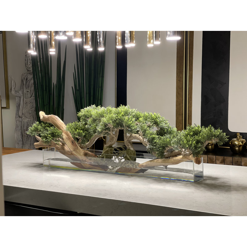 Faux Bonsai Tree in Planter, Light Green, 10" H x 52" W x 8" D