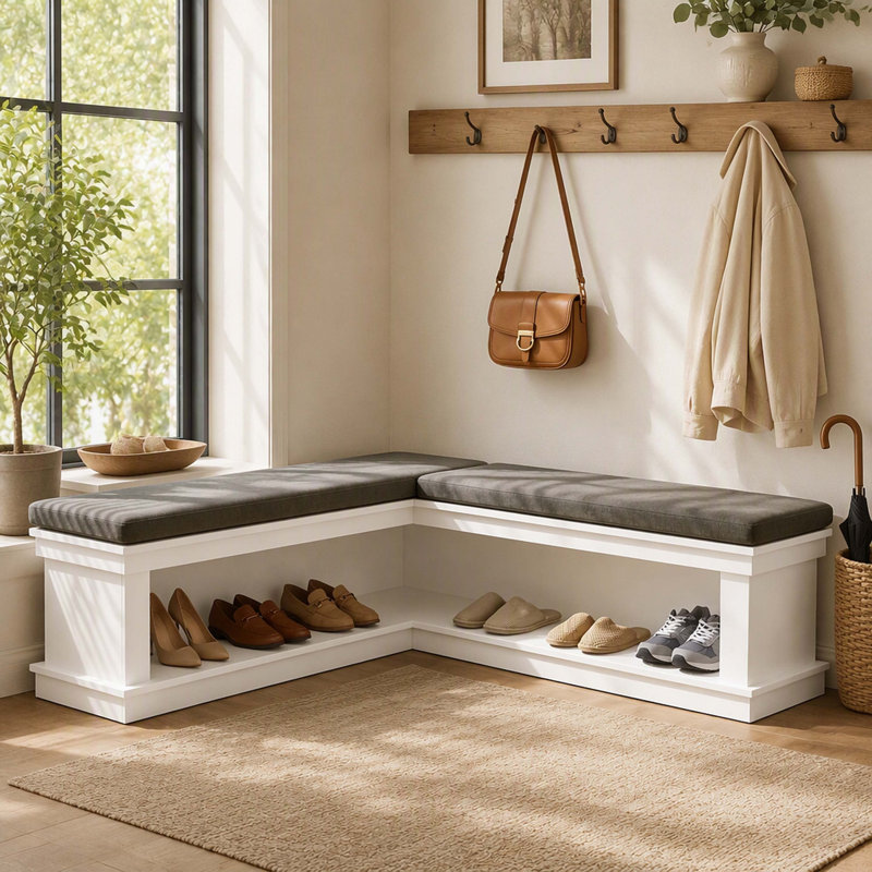 Banc de rangement rembourré en forme de L de 63 pouces, banc à chaussures d'entrée avec étagères ouvertes
