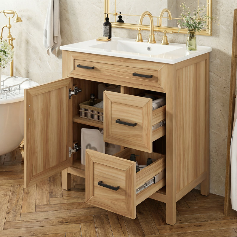 Meuble-lavabo de 30 po en bois avec cadre en bois massif, 1 porte à fermeture douce, 2 tiroirs à fermeture douce, tablette réglable, armoire de rangement moderne