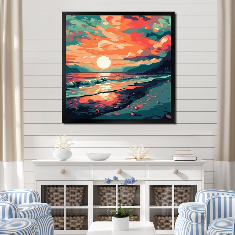 Coucher de soleil sur la plage, couleurs rétro expressives sur toile, H 16 po x l 16 po x P 1 po, Cadre simple noir