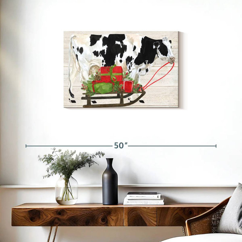 Noël à la ferme I - Vache avec traîneau, H 20 po x l 30 po