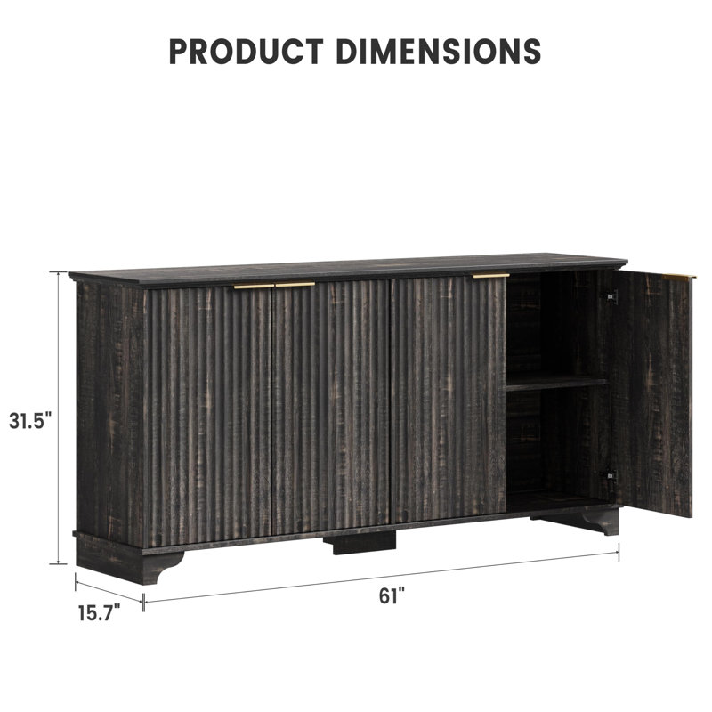 61" Large Buffet Sideboard Cabinet With 4 Fluted Doors And Storage, Dark Oak