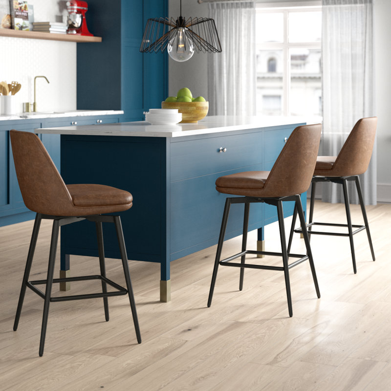 Betzalel Swivel Upholstered Faux Leather Counter Stool with Iron Frame, Saddle Brown