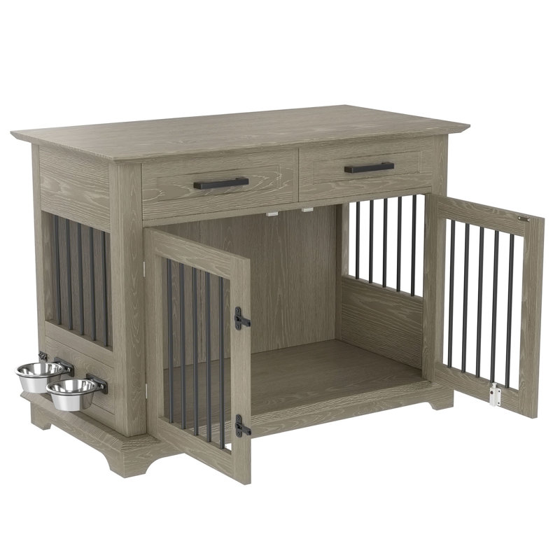 Table de bout en bois avec cage pour chien