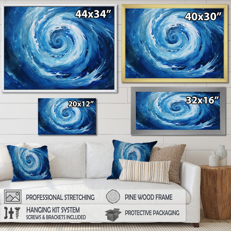 «Blue Swirl Wave Spiral VI» - Décoration murale spirales abstraites_106188, Cadre photo noir, H 16 po x l 32 po x P 1 po