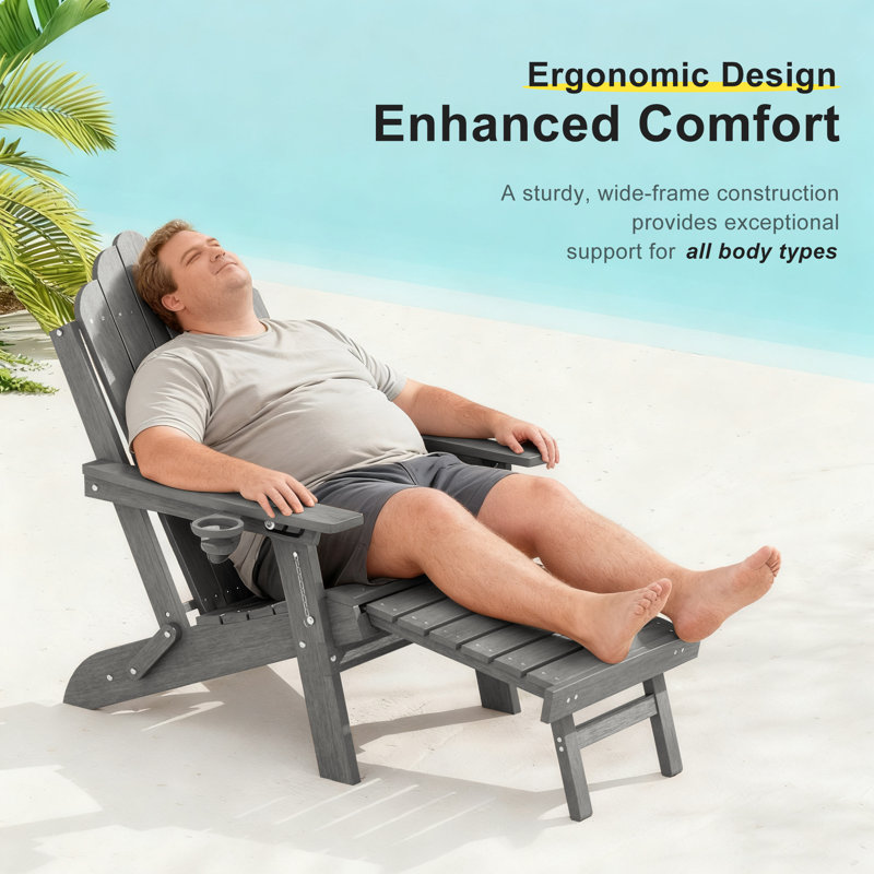 HDPE Foldable Outdoor Adirondack Chair 3-Postion Adjustable with Retractable Ottoman & All-Weather Outdoor Chair for Garden, Lawn & Porch