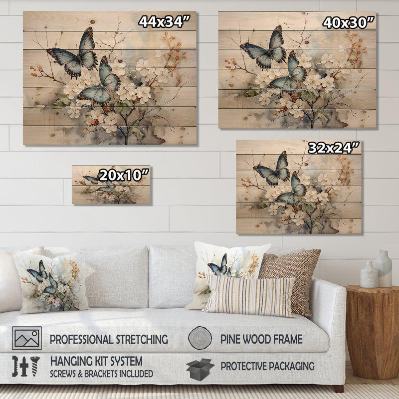 Bernadeta, papillon bleu, blanc, aperçu de sérendipité sur bois, H 30 po x l 40 po x P 0,78 po