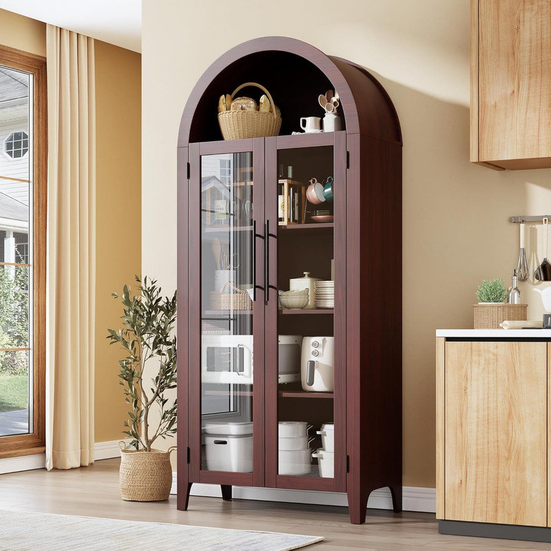 Arched Kitchen Pantry Cabinet with Glass Doors, 5-Tier Farmhouse Display Shelf, Brown