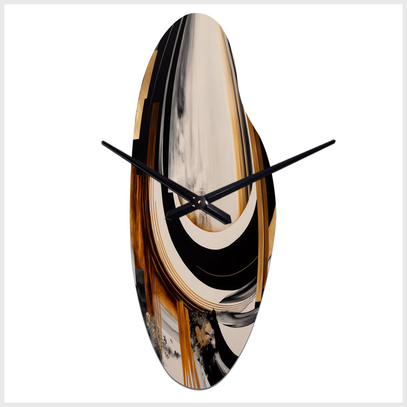Gold Touch Art Deco IV - grande horloge murale noire de forme incurvée - forme unique, Grand