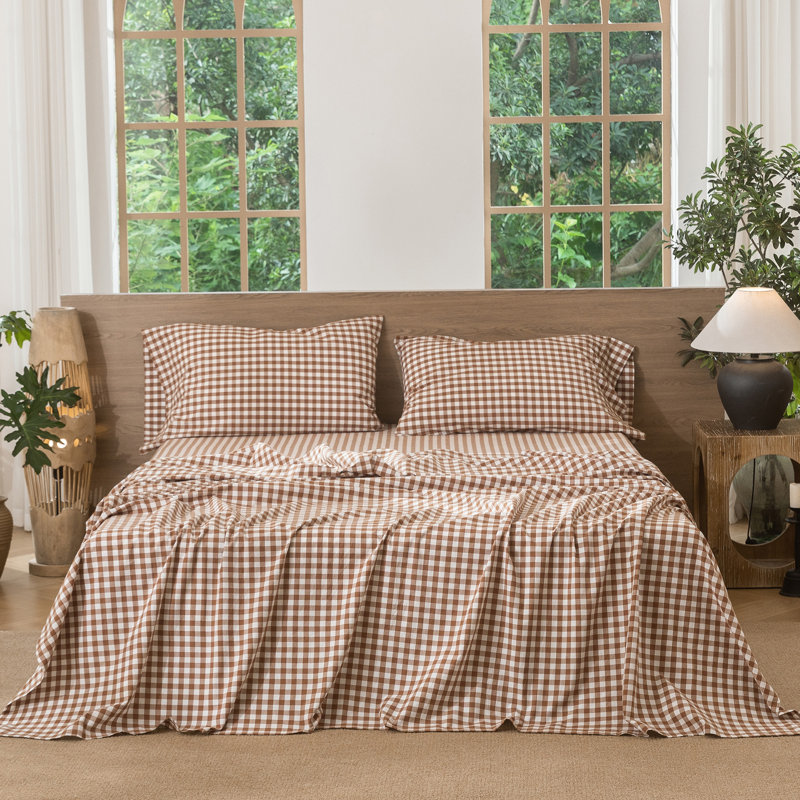 Ensemble de draps 100% coton lavé MooMee, Orange foncé, Ensemble de draps pour grand lit avec 2 taies d'or