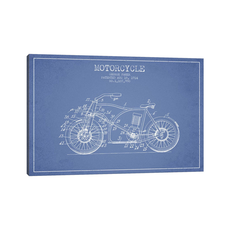 George Pamer Motorcycle Patent Sketch (Light Blue) 1 Piece Wrapped Canvas Wall Art, 66.04 cm H x 45.72 cm W x 3.175 cm D