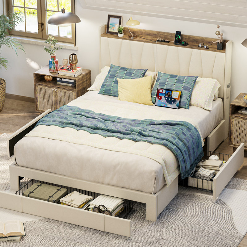 Upholstered Bed Frame with 3 Drawers, Bed with Storage Headboard and Charging Station, Full, Beige