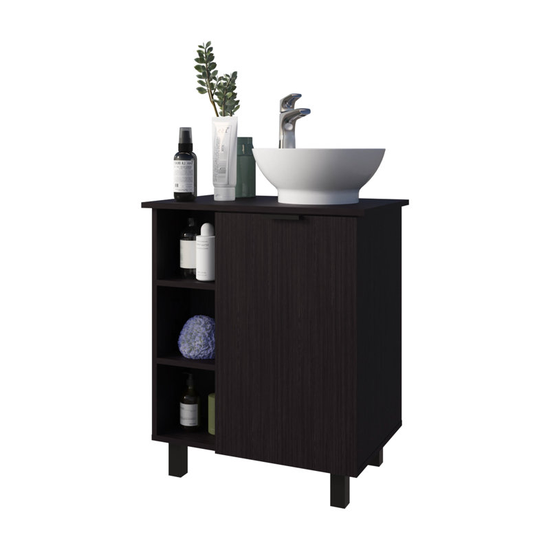 Meuble-lavabo de salle de bain avec 8 tablettes de rangement et une seule porte, finition pour une ambiance chaleureuse et élégante, 4 piliers aux pieds