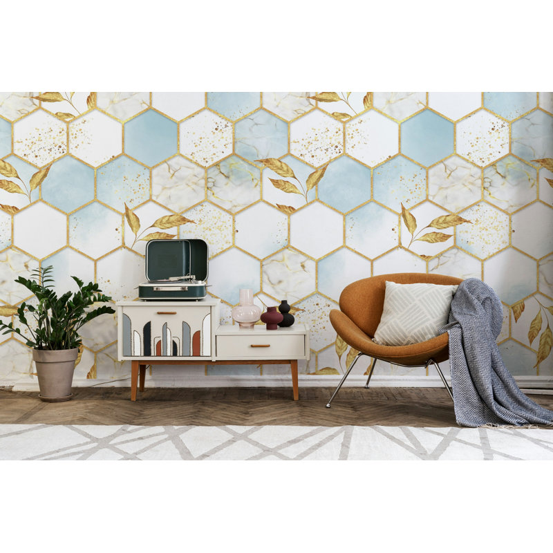 Papier peint à motif de feuille d'or hexagonal bleu, L 37 po x l 56 po
