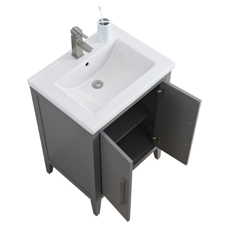 Meuble-lavabo simple 24 po avec plateau en céramique Chambery, Gris cachemire, Nickel brossé