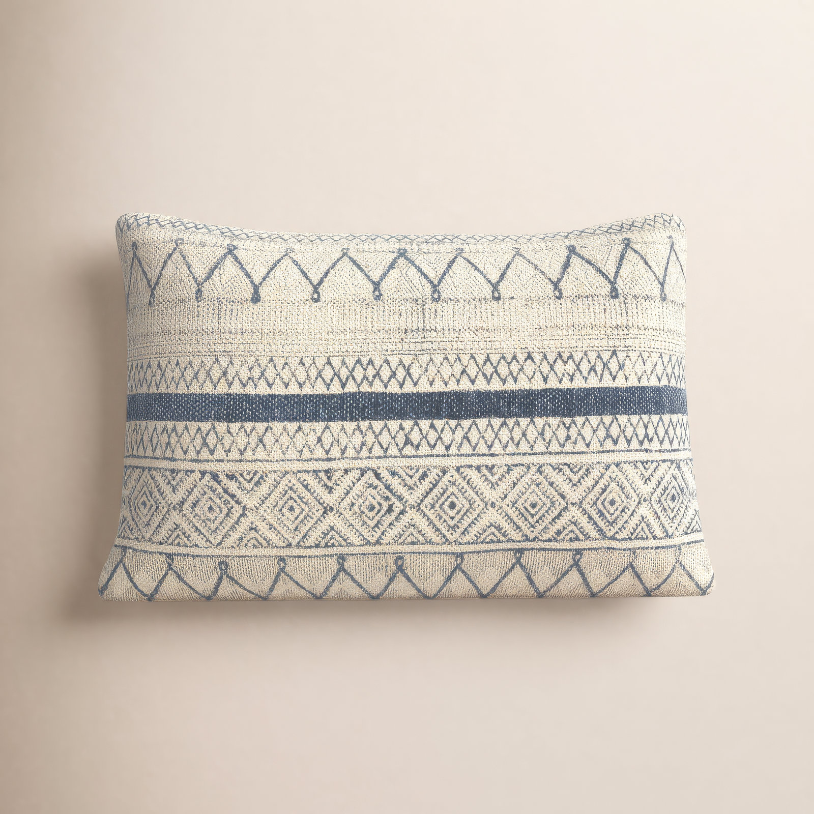 Zetta Geometric Cotton Lumbar Throw Pillow, Light Beige/Dark Blue, Down