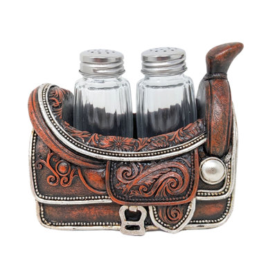 Tooled Leather Saddle-Inspired Salt and Pepper Shaker Holder Set – Western, Lodge, Rustic Cabin Kitchen Décor