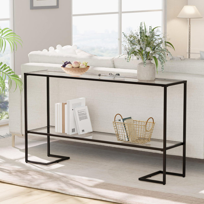 52" Modern C-Shaped Glass Console Table - Double Layer Tempered Glass Sofa Table for Living Room, Entryway - Sturdy Metal Frame, Slim Design, Contemporary Hallway Table