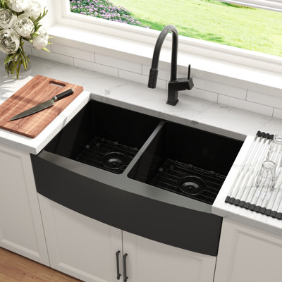 Évier de cuisine Blenzia noir à double cuve de 91 cm (36 po) en acier inoxydable de calibre 16, style ferme, à tablier frontal, 91 x 53 x 25 cm (36 x 21 x 10 po)