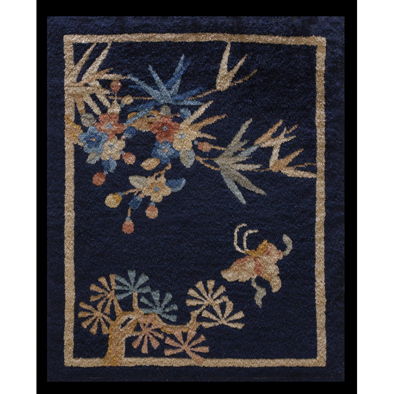 Blue Square Antique Chinese Deco Small Scatter Throw Rug