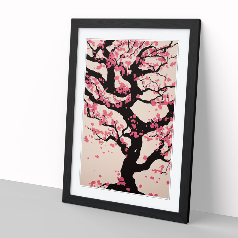 Elleny Cherry Blossom Tree Art Painting - Picture Frame Print, Black Framed, 64cm H x 46cm W