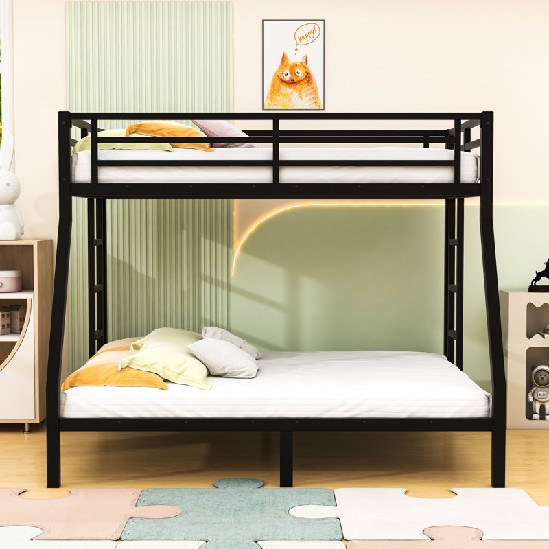 Metal Bunk Bed With Ladder And Guardrails, Black, Twin Over Full