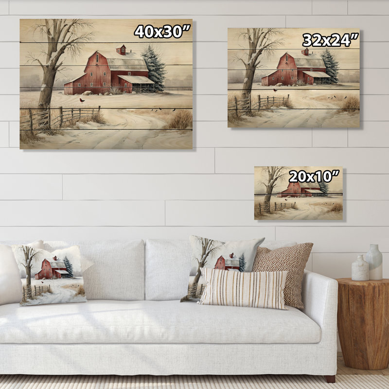 Freeport Calm Red Barn In Winter III - impression sans cadre sur bois, H 30 po x l 40 po x P 1,5 po