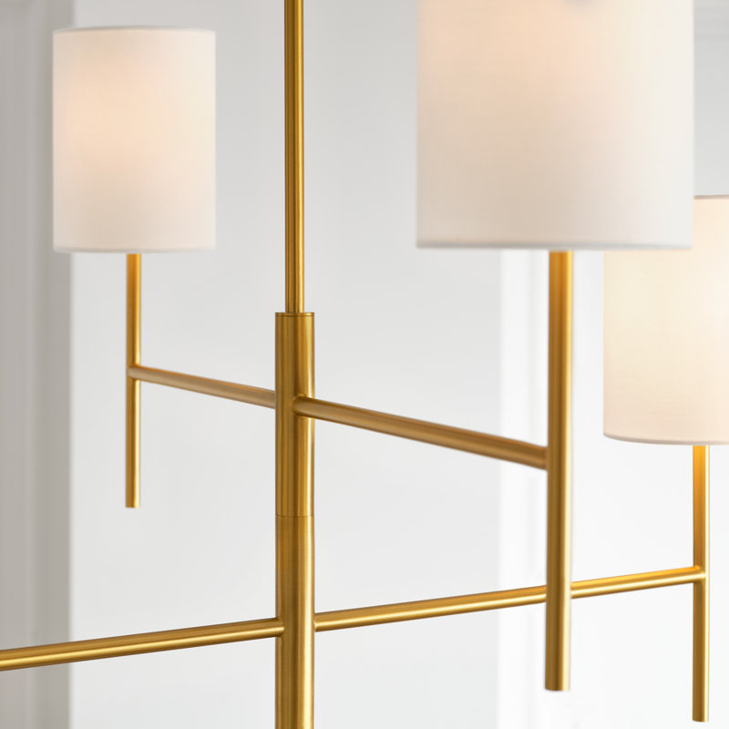 Barbara Barry Key 6 Light Dining Room Chandelier With White Linen Shade, Burnished Brass