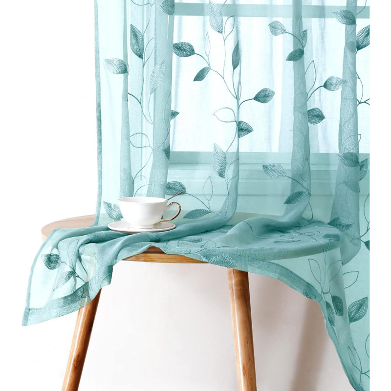 Curtains 2 Panels Embroidered Leaf Pattern Pocket Faux Linen Floral Semi Sheer Voile Window Curtains Drapes For Bedroom Living Room