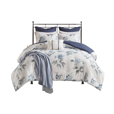 7 Piece Printed Seersucker Comforter Set With Throw Blanket Blue Queen