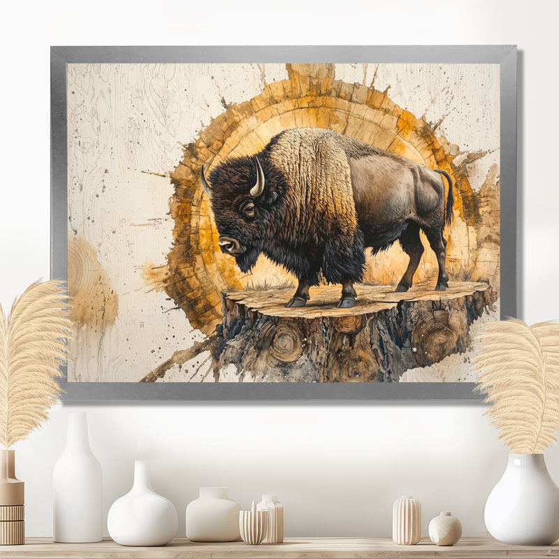 Portrait de bison américain Mareda sur glissade sur bois - art mural grand bison, H 30 po x l 40 po, Cadre flottant
