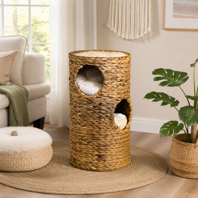 Elevated Cat Bed With Three Hideaways & Four Soft Plush Cushions, Cat Tower With Hand-Woven Materials, Multi-Layer Raised Kitten Bed Caves