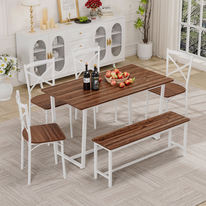 6 Pieces Dining Set 6-Piece Kitchen Table Set, White, Brown, White