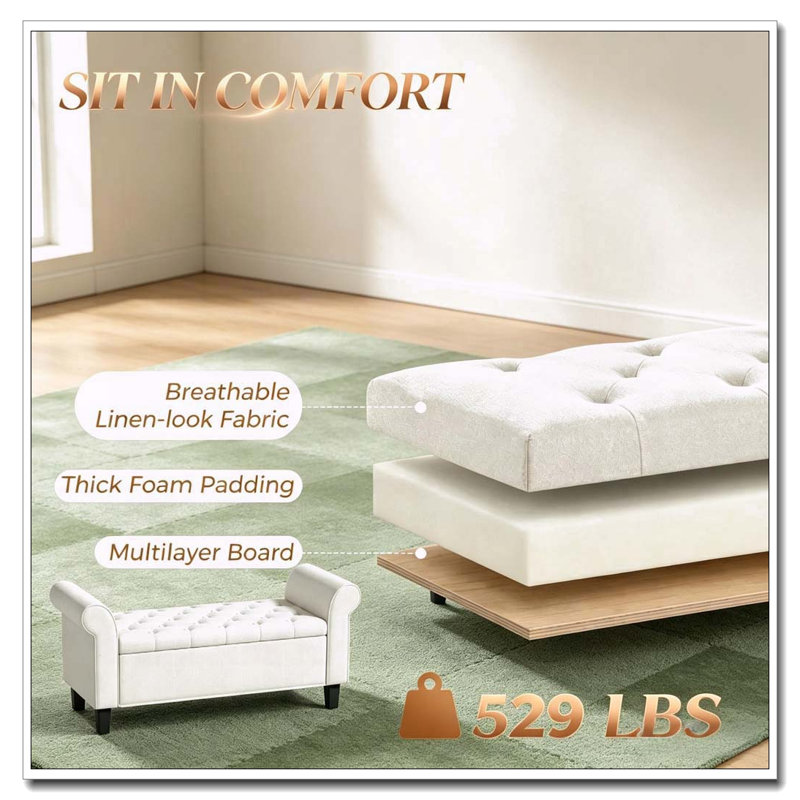 Banc de rangement touffeté à accoudoirs roulés, Blanc, crème, Blanc, crème