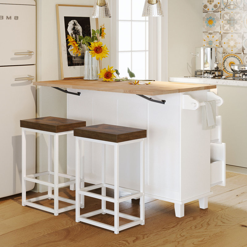 Ensemble d'îlot de cuisine de 50,3 po de largeur avec plateau en bois massif, Noir