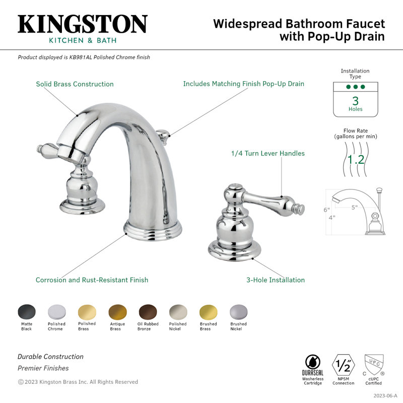 Kingston Brass Victorian Two-Handle 3-Hole Deck Mount Widespread Bathroom Faucet with Retail Pop-Up Drain