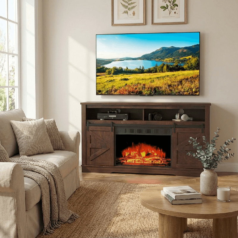 Thoa 58'' Media Console TV Stand For TVs Up To 65" With Electric Fireplace Included, Brown