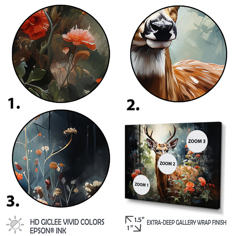 Brun et rose, cerf dans la forêt sauvage - Art mural animal cerf, Cadre flottant doré, H 12 po x l 20 po x P 1 po