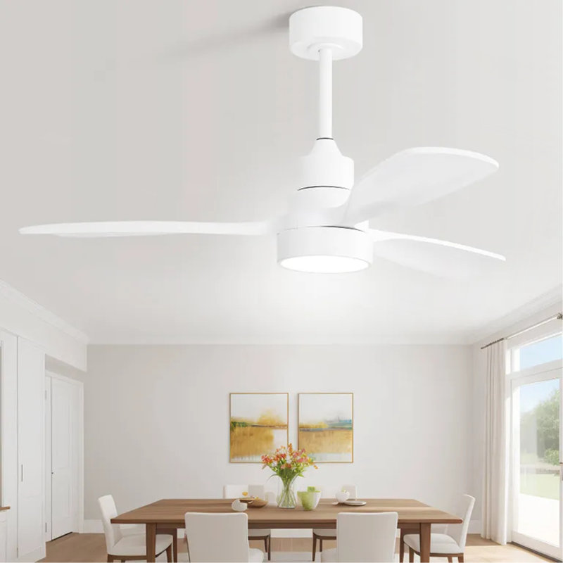 Ventilateur de plafond 48 pouces avec 3 pales en bois massif et télécommande, Blanc, Blanc