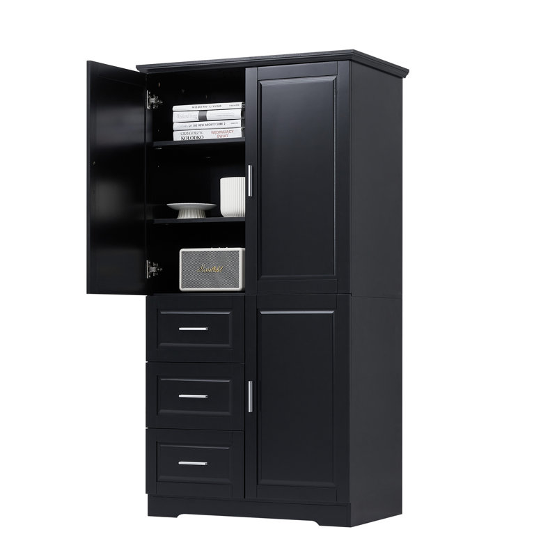 Solid Wood Kitchen Pantry Storage Cabinet, 3 Doors Wood Freestanding Cupboard with 3 Sliding Drawer and Shelves for Dining Room Living Room, Laundry, Bathroom, Black