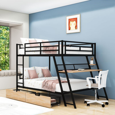 Lit superposé double en métal avec bureau intégré, bande lumineuse et tiroirs de rangement