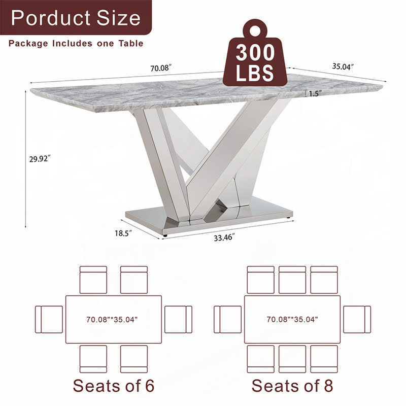 Table de salle à manger moderne en faux marbre avec base en acier inoxydable chromé, pour les espaces contemporains, Gris