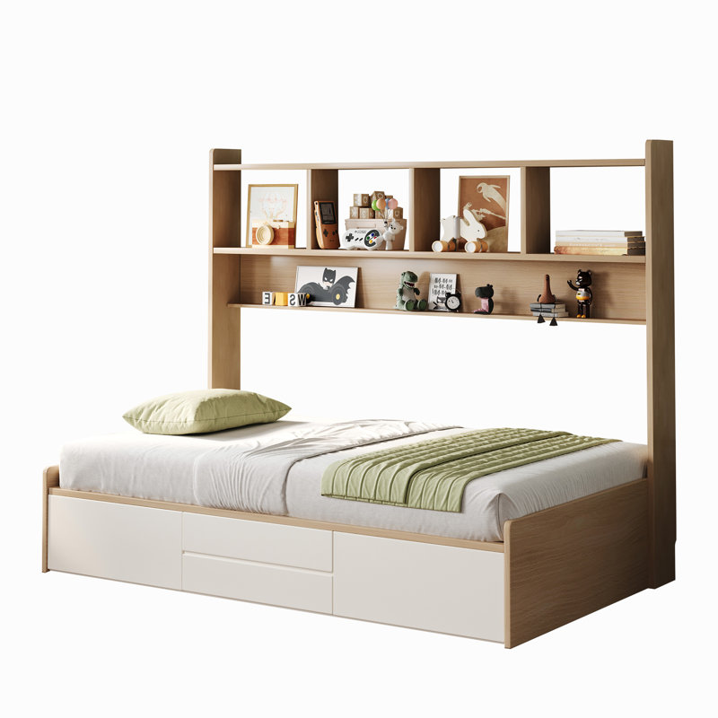 Andriena Full-size multifunctional bed with four storage drawers and  bookshelf, suitable for one person, in natural color