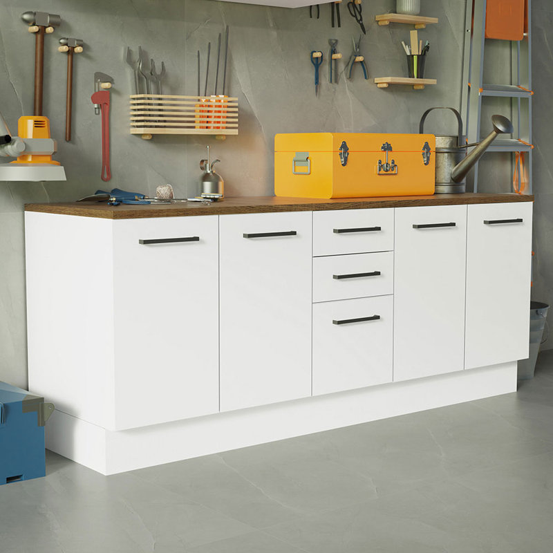 Hokku Designs Compact Garage and Utility Room Storage Set 78 Inch Base Cabinet with 3 Drawers and 4 Doors Utility Bench Wooden Organization Unit - White